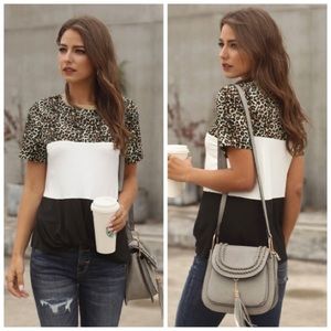 Color Block Tee with Leopard Print - NWT